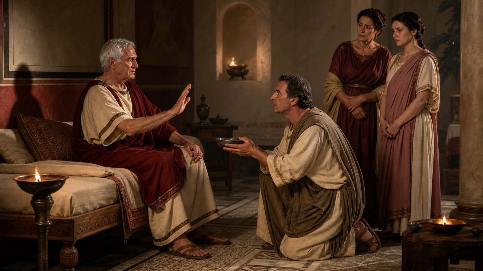 A wide 16:9 cinematic realistic oil-painting inside a late first-century Roman villa bedchamber: the elderly senator Corellius Rufus, visibly frail but alert, speaks privately from a simple couch to the younger Pliny while servants and his dignified wife withdraw through a curtained doorway, muted winter light, intimate political tension under Domitian, no text, no letters, no inscriptions, no logos, no watermark.
