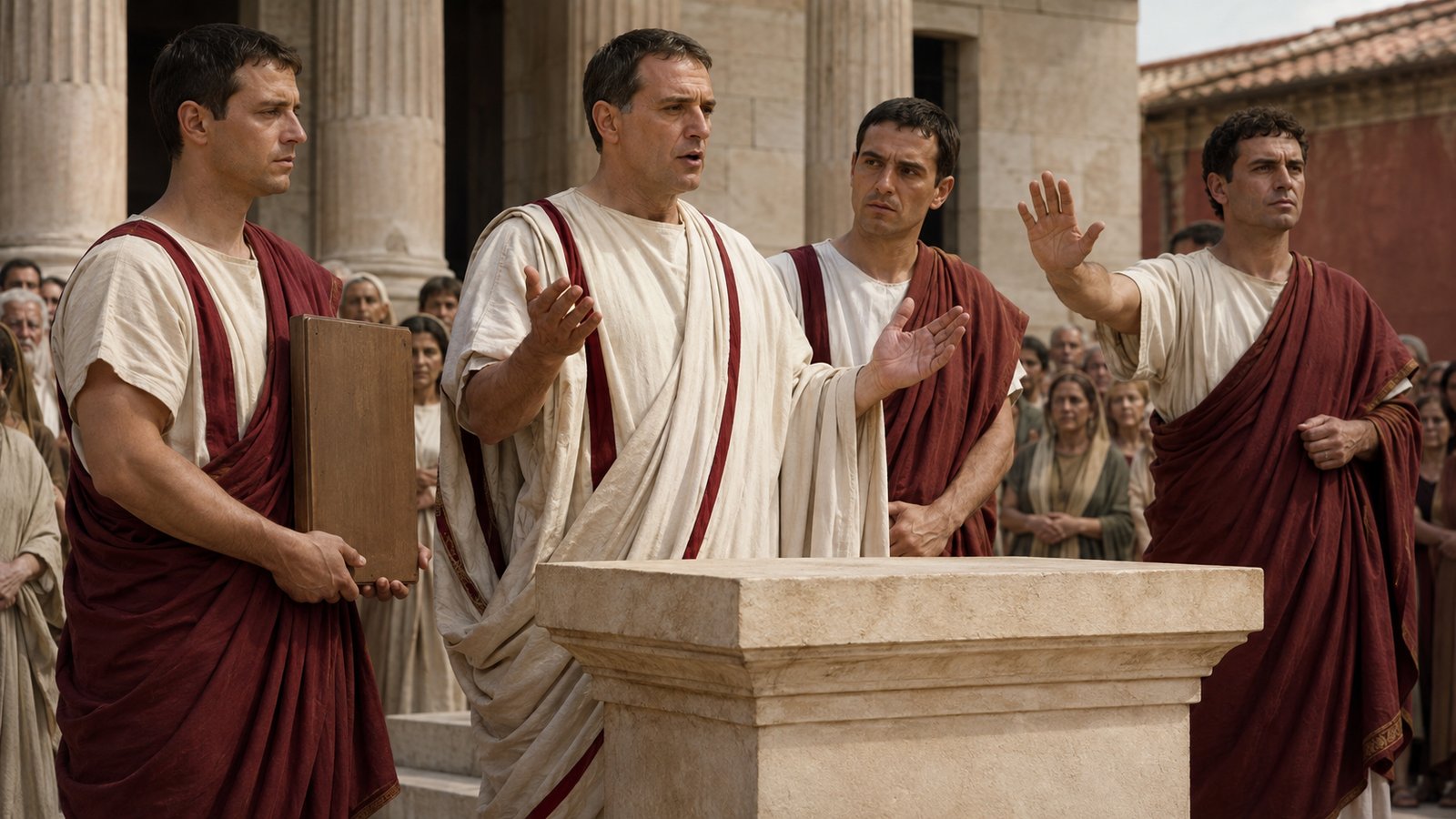 A vertical 4:5 cinematic realistic oil-painting of a Roman public prayer beside an altar: a generic magistrate speaks while three attendants coordinate around him and a musician plays a double flute at the edge, a closed blank ritual tablet visible, solemn civic crowd held at distance, no sacrifice gore, no readable text, letters, inscriptions, standards, logos or watermark.
