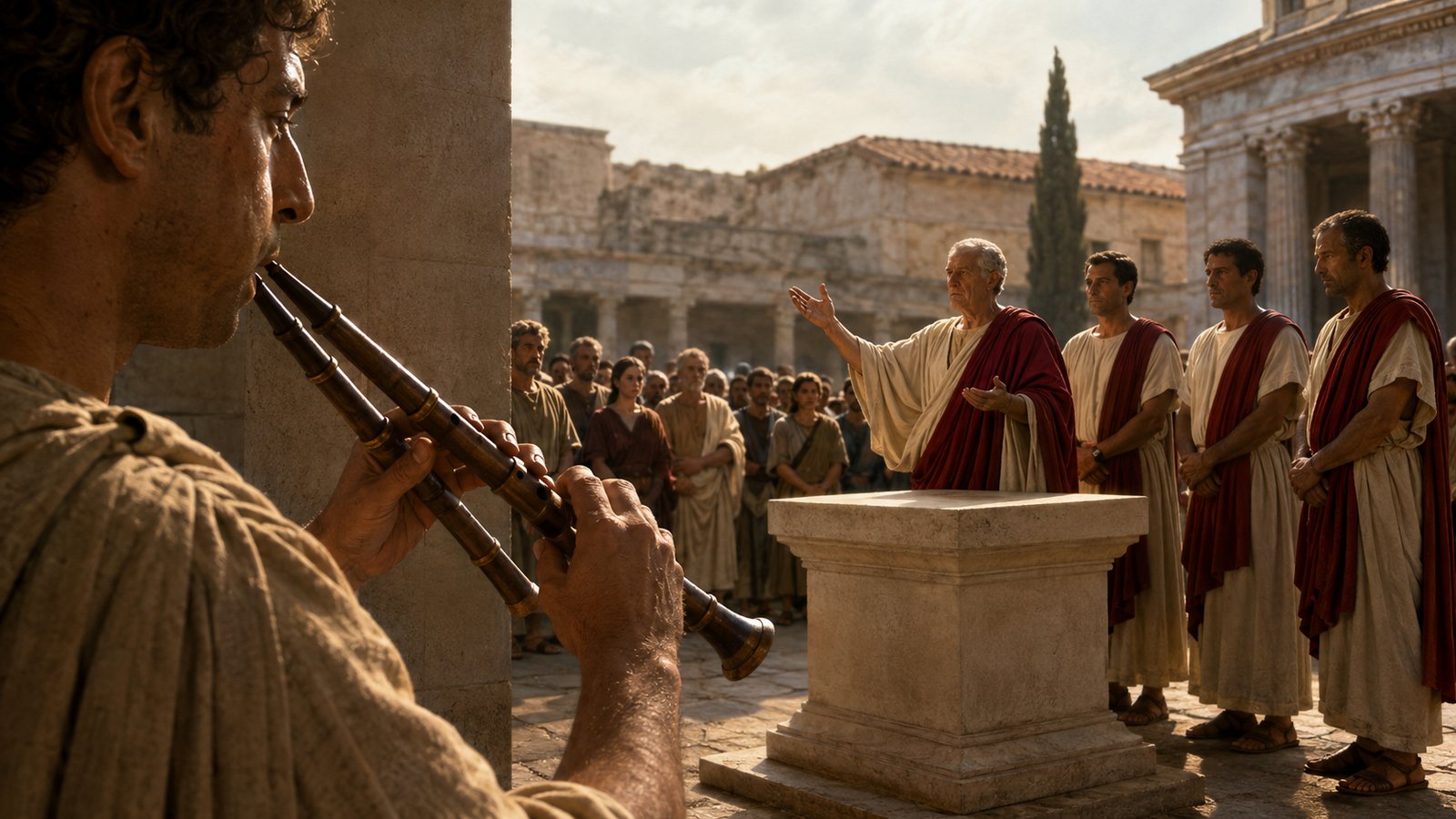 A wide 16:9 historically plausible Roman ritual scene focused on coordinated voices: a generic magistrate repeats a prayer, one attendant holds a completely blank closed wooden tablet, a second watches his mouth closely, a third faces the waiting crowd with raised hand for silence, warm daylight, no readable text, letters, inscriptions, logos or watermark.
