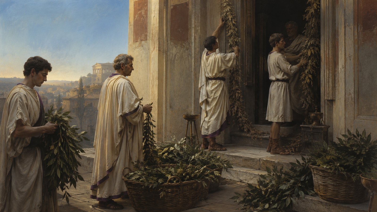A vertical 4:5 cinematic realistic oil-painting of Roman attendants at dawn replacing dry laurel with fresh green branches beside a small sacred hearth being carefully rekindled, early March atmosphere, no readable text, letters, numerals, logos, signatures or watermark.