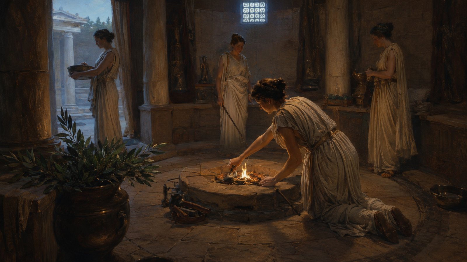 A wide 16:9 cinematic realistic oil-painting of withered laurel being removed from a Roman priestly doorway while fresh branches wait in baskets, cool dawn and restrained ritual, no readable text, letters, numerals, logos, signatures or watermark.