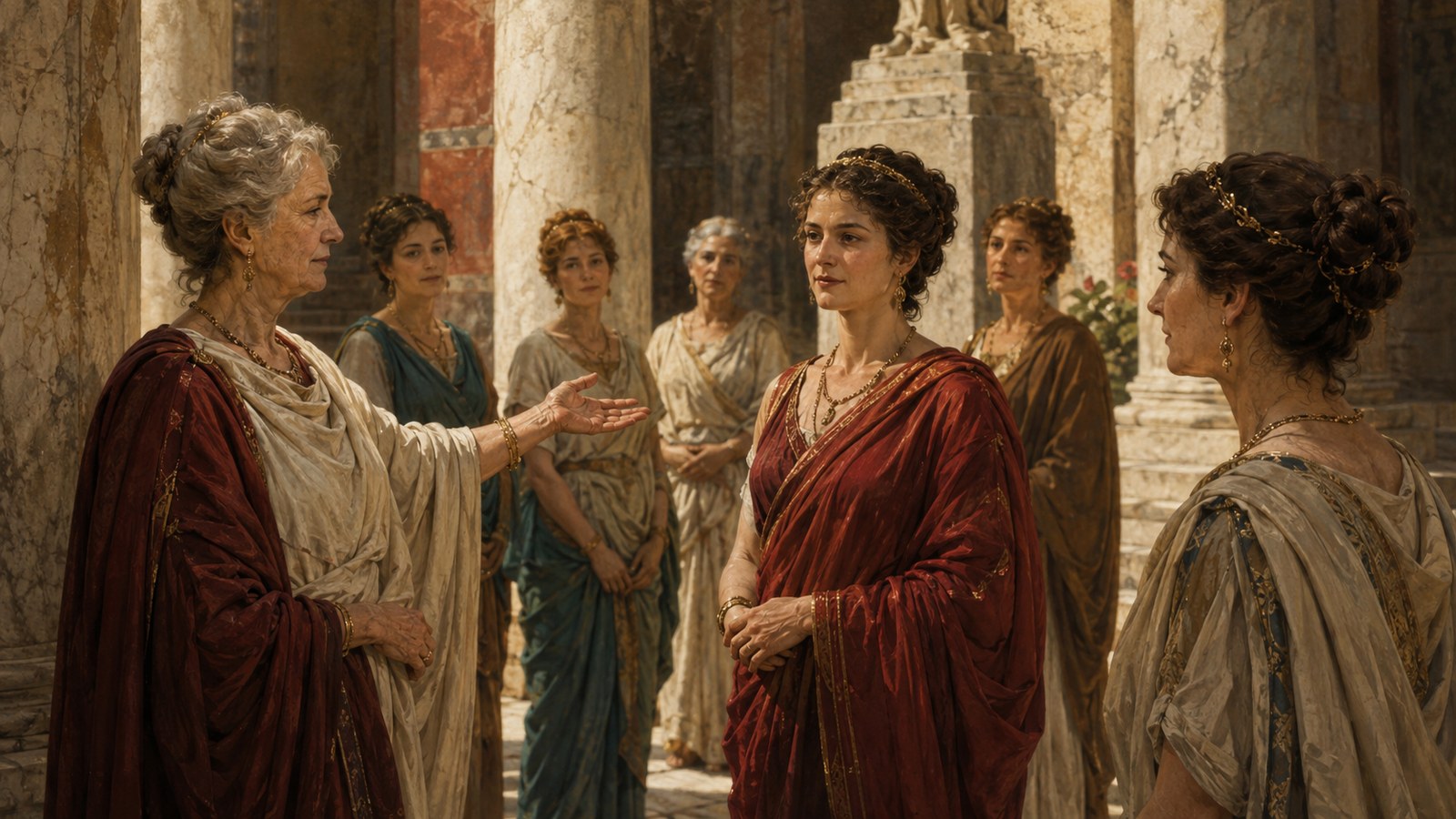 A vertical 4:5 cinematic realistic oil-painting of an ancient Roman matron named Sulpicia stepping forward from a gathering of women to receive a simple flower garland before a modest cult statue of Venus, solemn civic-religious setting, historically plausible clothing and architecture, no readable text, letters, numerals, logos, signatures or watermark.