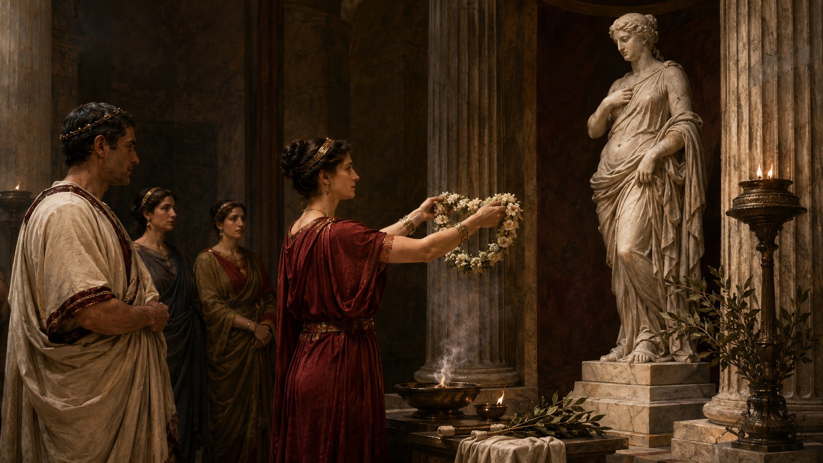 A wide 16:9 cinematic realistic oil-painting of Roman matrons conducting a formal selection in a temple courtyard, women placing plain unmarked voting tokens into a bronze vessel while one composed candidate waits among a large assembly, no readable text, letters, numerals, logos, signatures or watermark.