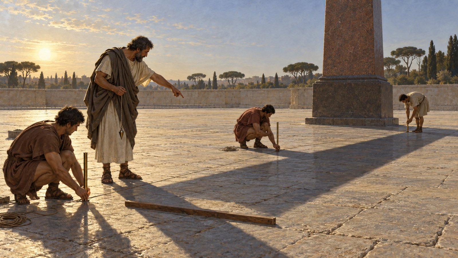 A vertical 4:5 cinematic realistic oil painting of Augustus-era Rome in the Campus Martius, a tall Egyptian granite obelisk casting a precise noon shadow across pale stone pavement inlaid with sparse bronze measuring rods, a small polished gilt sphere clearly mounted at the pinnacle, generic citizens observing at a safe distance, winter sunlight, historically plausible urban setting, no readable text, letters, numbers, emblems, signatures or watermark.