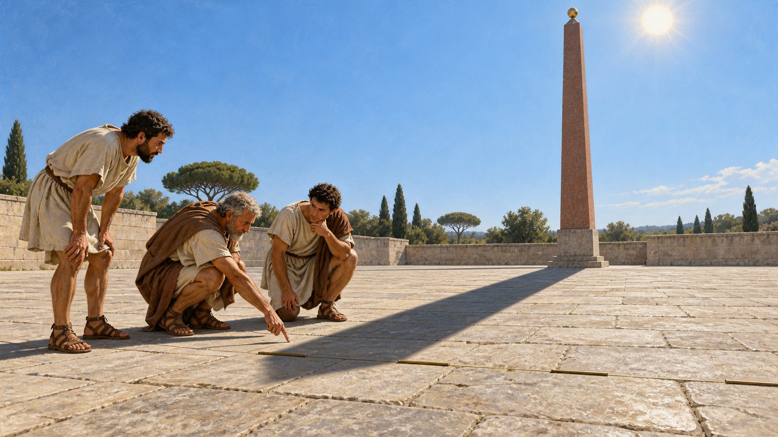 A wide 16:9 cinematic realistic oil painting focused on mathematician Novius Facundus directing Roman workers as they set thin bronze rods into a broad stone pavement beside the shadow of an Egyptian obelisk, measuring cords and simple plumb tools, crisp low winter sun, generic faces, no readable text, numerals, logos, signatures or watermark.
