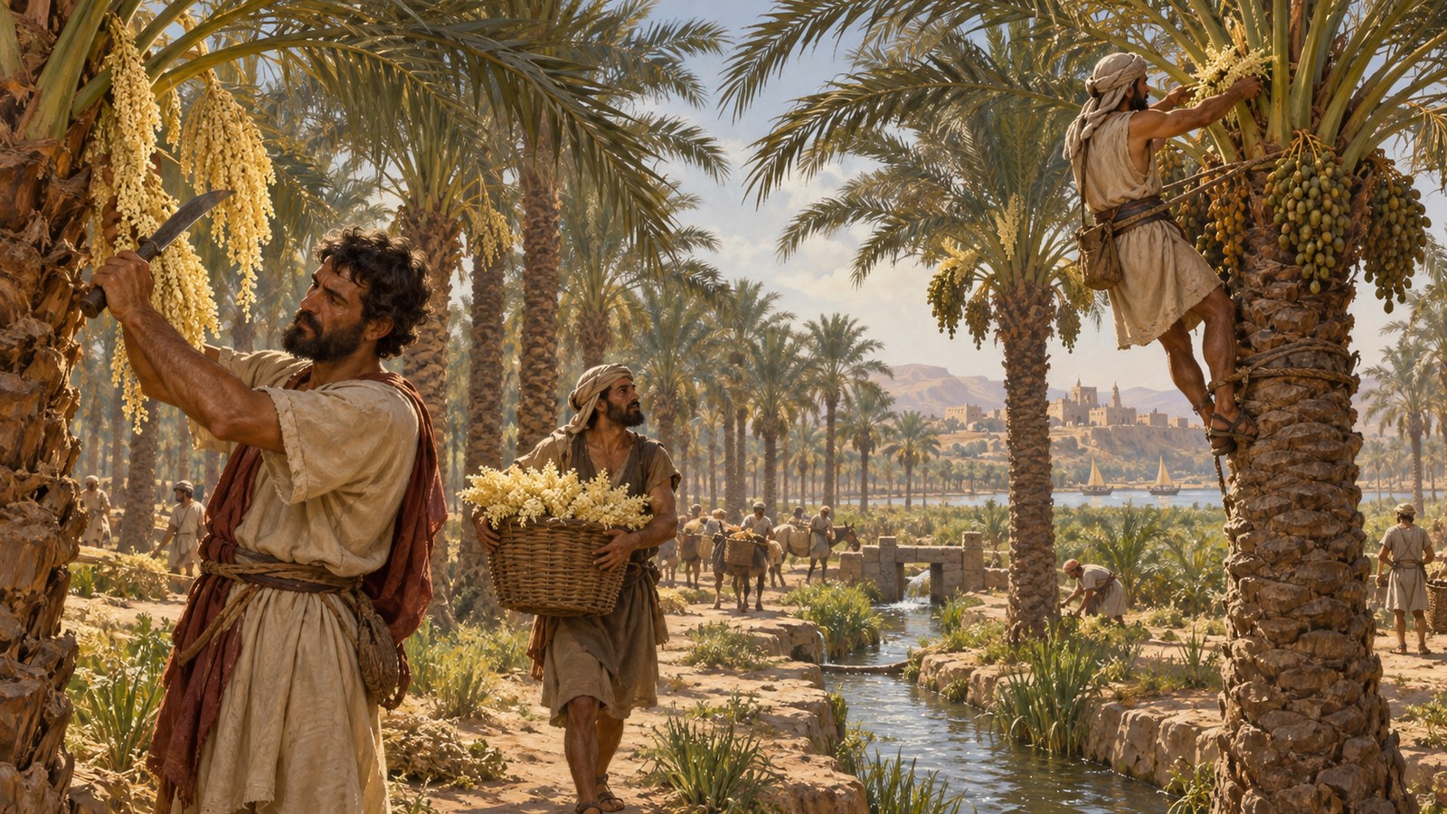 Pliny describes eastern palm climbers using an osier loop around body and trunk to reach fruit and foliage concentrated in the crown.