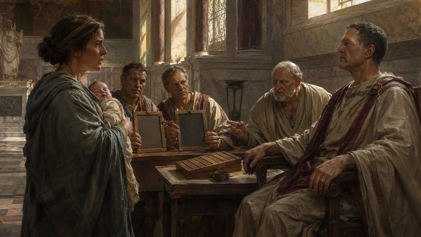 A vertical 4:5 cinematic Roman legal scene: an unnamed dignified widow with an infant stands before a seated imperial judge represented as a generic mature Roman ruler, advisers hold blank wax tablets, an empty chair and folded cloak quietly signify the dead husband, humane tension, no text, letters, inscriptions, logos or watermark.