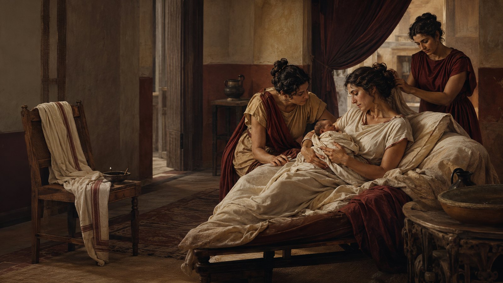 A wide 16:9 Roman hearing chamber: a widow and swaddled infant face a generic imperial judge while two advisers compare blank wax tablets and a physician gestures toward a simple counting board with no marks, warm side light, no text, letters, numerals, inscriptions, logos or watermark.
