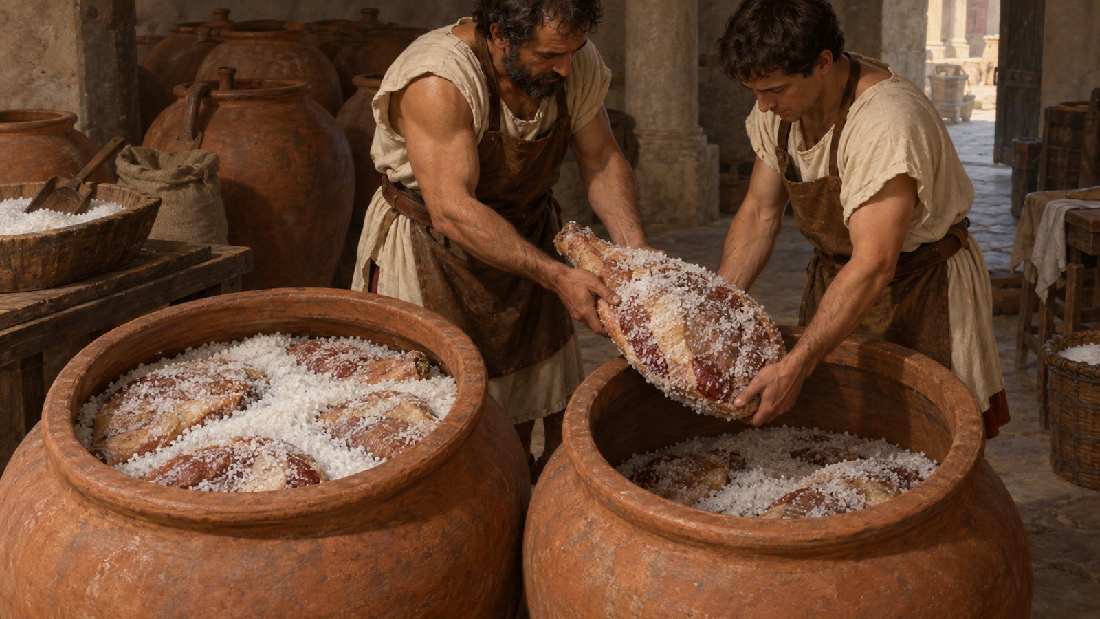 Cato required a half-modius of ground Roman salt for each ham, with skin facing downward and enough salt between layers that no flesh touched another piece.