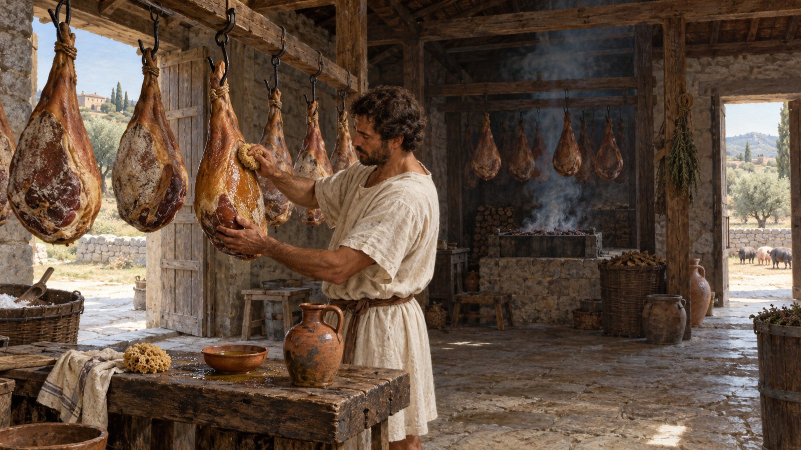 After the stack was reversed and the second salting interval ended, the hams moved through draught, sponge cleaning, oil, smoke and a final oil-and-vinegar rub before storage.