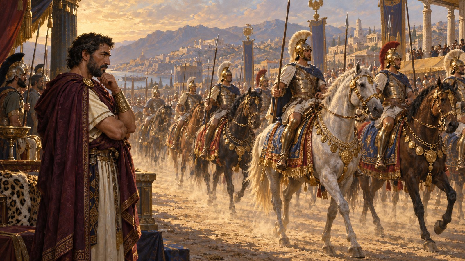 Gellius fills the plain with scythed chariots, towered elephants and troops glittering in precious metal.