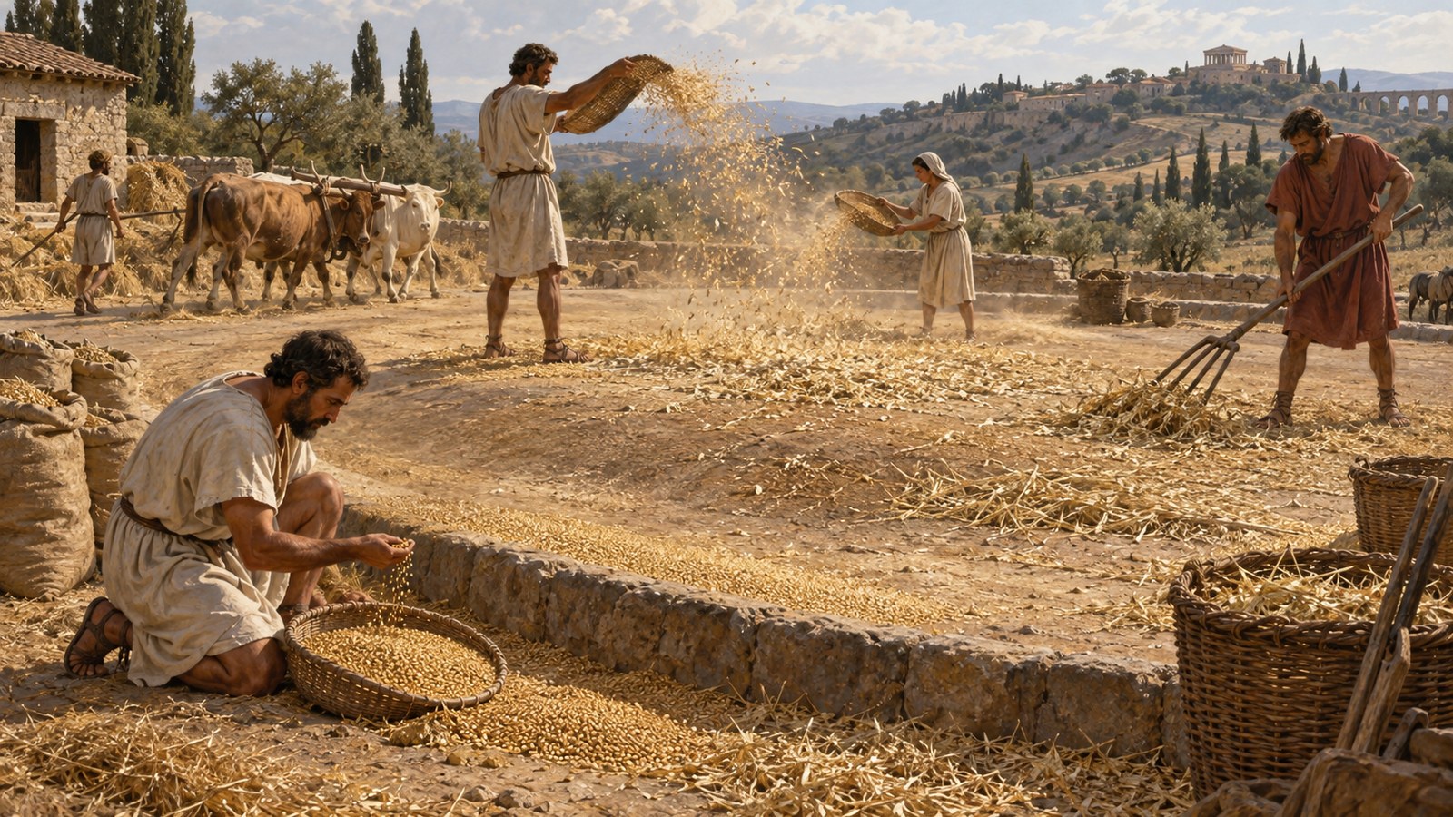 Pliny says the heaviest grain collected at the bottom of the threshing floor should be reserved for seed.