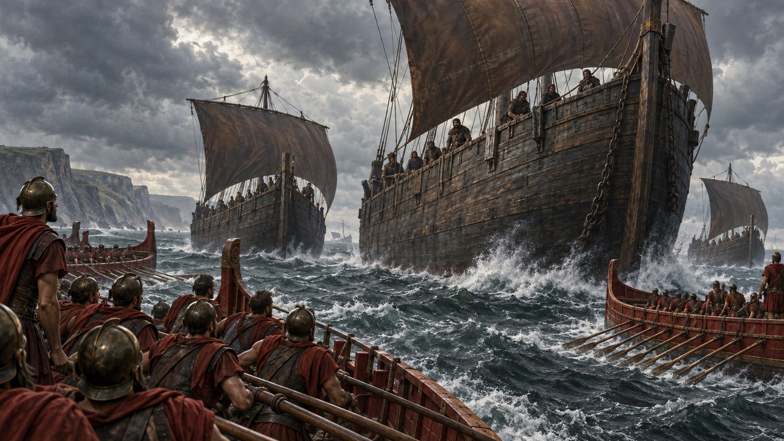 A vertical 4:5 cinematic realistic oil painting of a Roman sailor braced on a galley deck hauling a long wooden pole tipped with a plain sharp iron hook through the taut rigging of a towering Venetic oak ship, sail and yard beginning to sag, rough Atlantic water, historically plausible first-century-BC vessels, no readable text, standards, emblems, signatures or watermark.