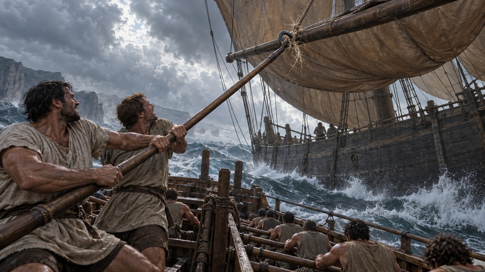 A wide 16:9 cinematic realistic oil painting contrasting low Roman oared galleys with massive high-sided Venetic oak sailing ships off the Atlantic coast of Gaul, heavy leather-like sails, thick beams and iron anchor chains visible without exaggeration, overcast sea and tense crews, no readable text, standards, emblems, signatures or watermark.