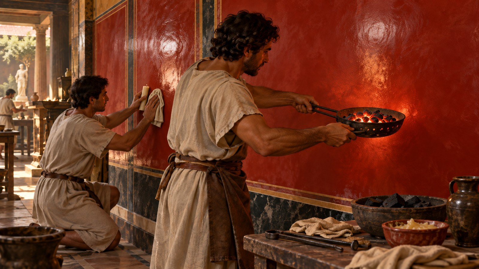 Heat levelled the brushed wax; a candle and clean cloth then polished the protected surface like a marble statue.
