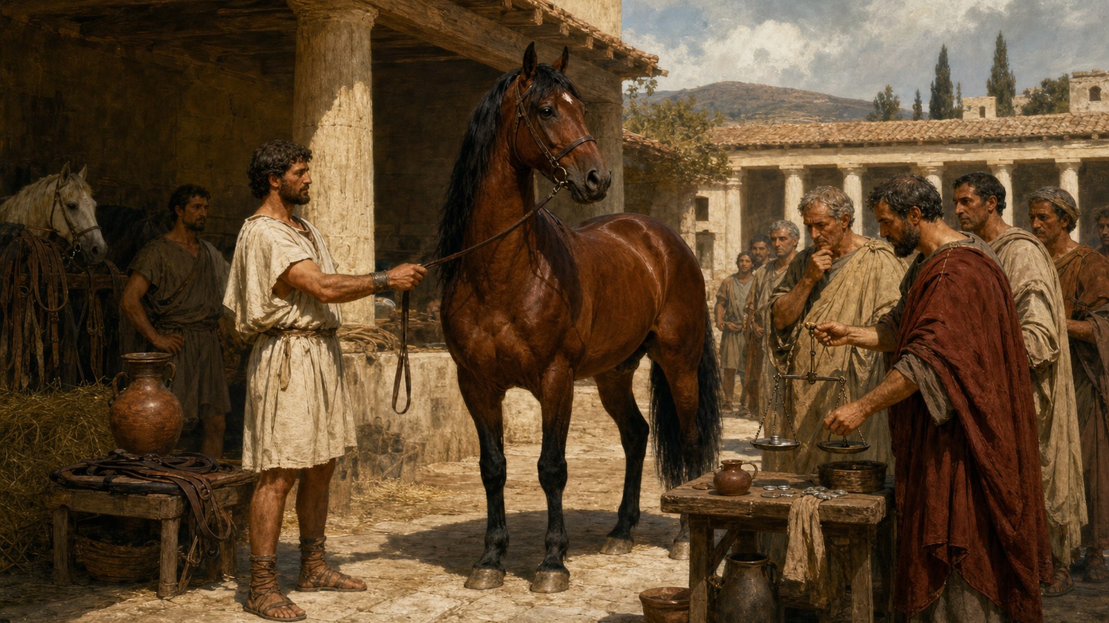 A vertical 4:5 cinematic realistic oil-painting of the legendary horse of Seius in an ancient Argive courtyard: an extraordinary tall bay horse with lofty neck and thick glossy dark mane stands calm while a generic Roman buyer in plain late-Republican dress examines it, beautiful but ominous atmosphere, blank tack and walls, no text, letters, numerals, logos or watermark.