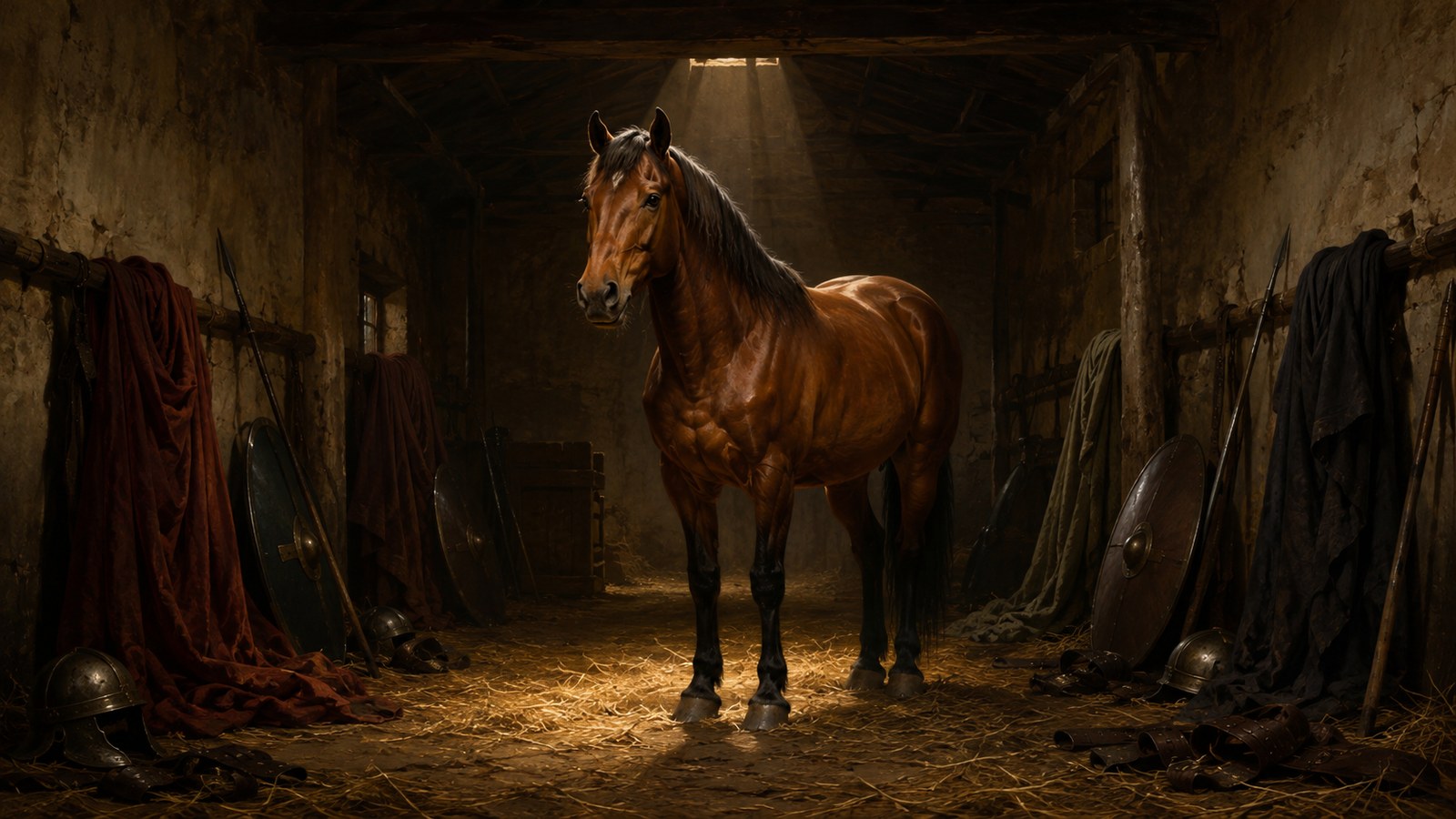 A wide 16:9 historically plausible horse sale at Argos: the magnificent bay horse of Seius centered between a Greek stable attendant and generic Roman envoys weighing silver, restrained late-Republican material culture, tension around an admired costly animal, no readable coins, inscriptions, emblems, text or watermark.