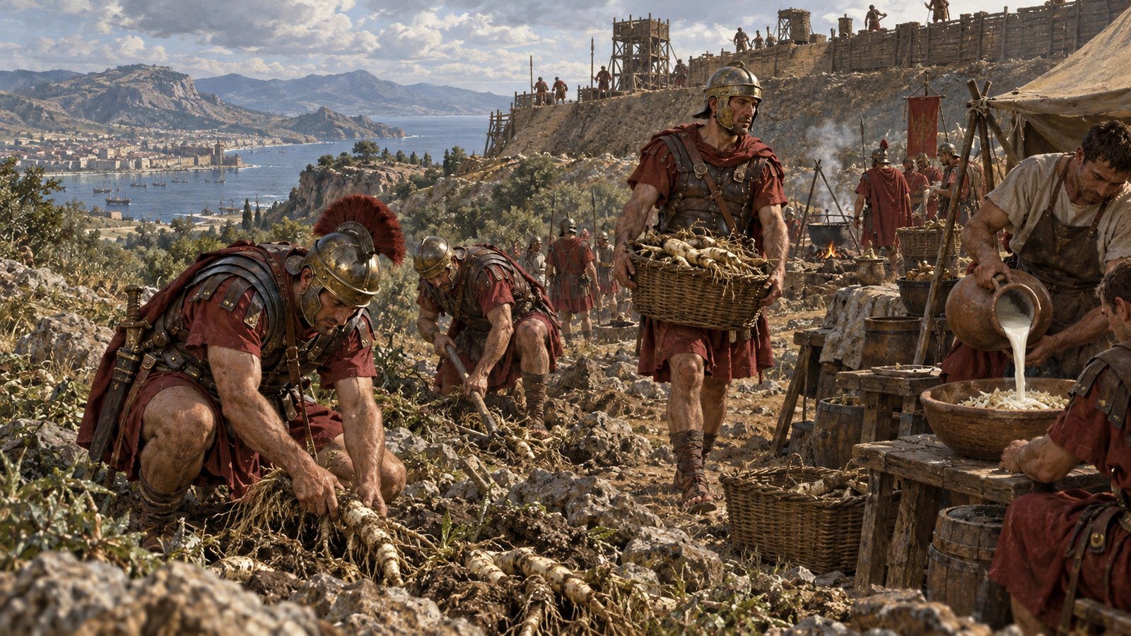 A vertical 4:5 cinematic realistic oil painting of weary Roman legionaries near Dyrrhachium kneading pale fibrous chara root with milk into rough bread-like loaves beside an earthwork, barley, vegetables and cooking gear nearby, Adriatic hills and enemy lines beyond, historically plausible late Republican equipment, no text, letters, numerals, logos, signatures or watermark.