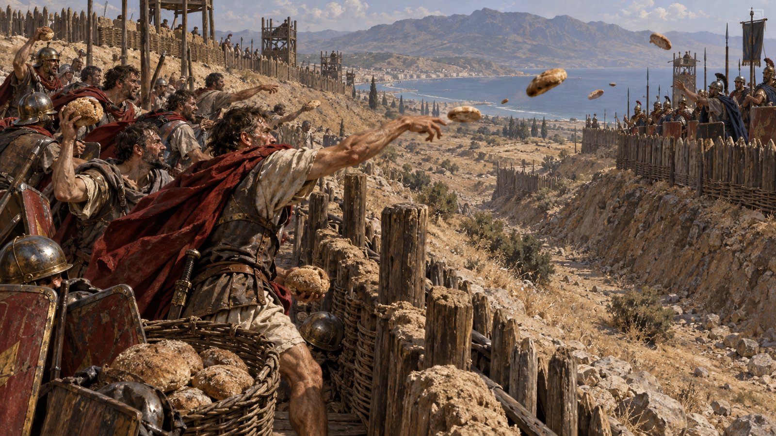 A wide 16:9 cinematic realistic oil painting of Roman soldiers digging and gathering thick edible roots in rugged Epirote ground below siege earthworks, one man carries a basket toward a camp where milk is being poured into a mixing bowl, strong daylight and practical urgency, no text, letters, numerals, logos, signatures or watermark.