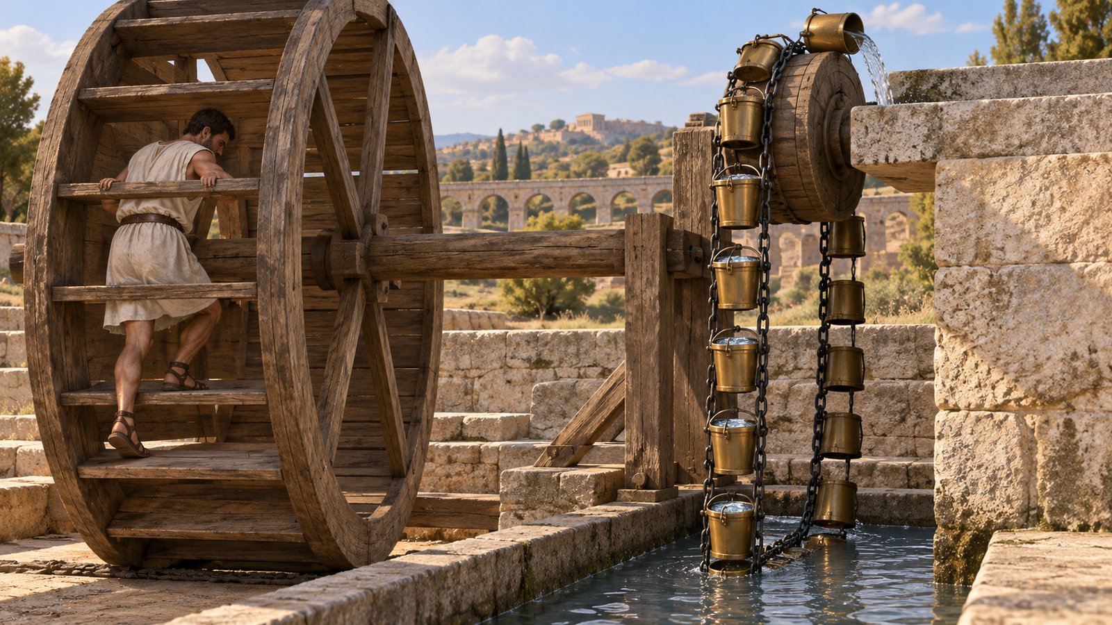 A worker drives the wheel while a bucket chain reaches down to the lower water level.