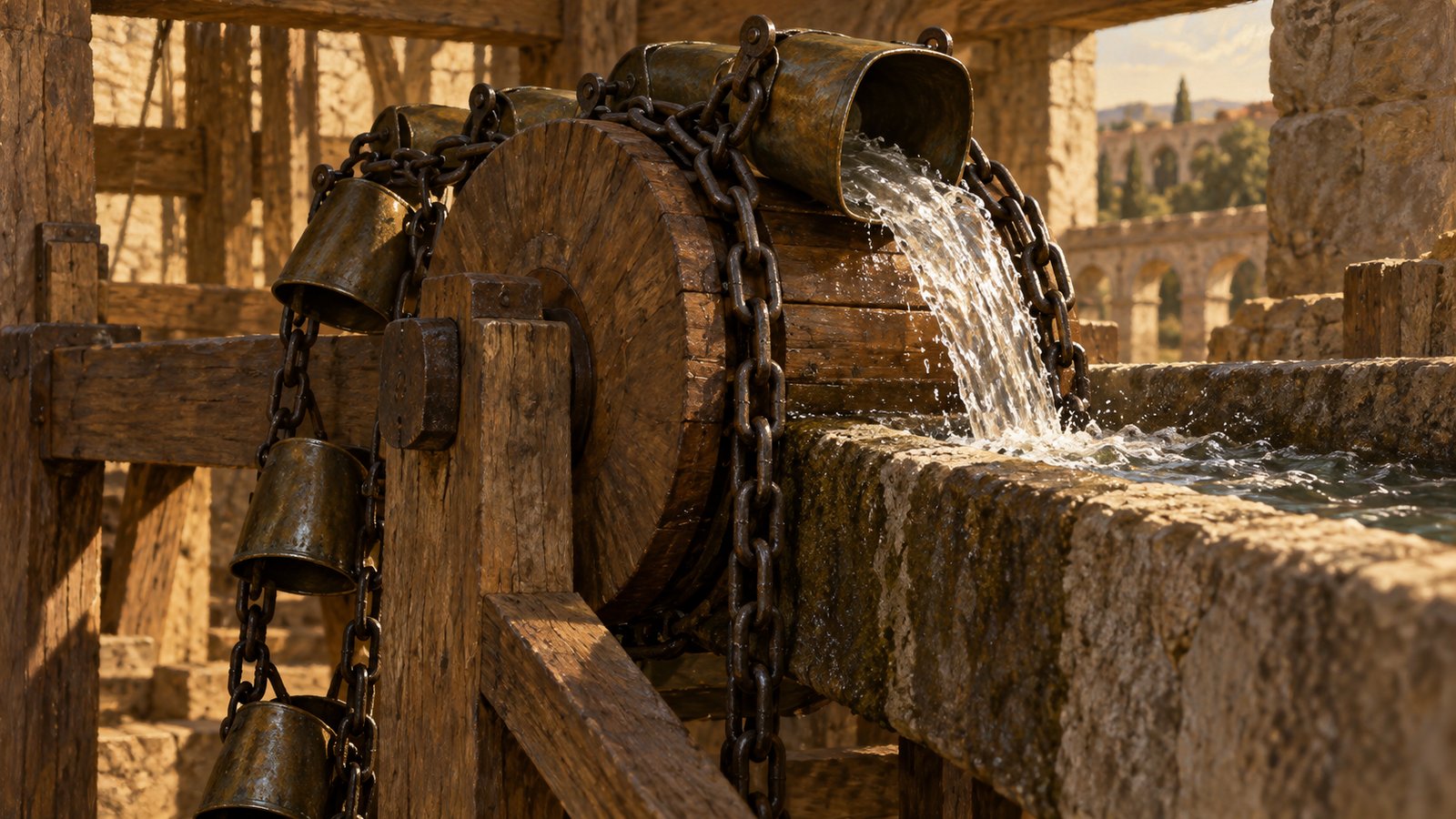 At the axle, the rising bronze buckets invert and empty into a receiving conduit.
