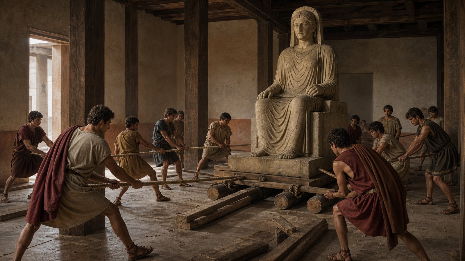 A vertical 4:5 historical scene of purified Roman youths preparing to lift Juno Regina in Veii with plain ropes and wooden levers, no text or marks.