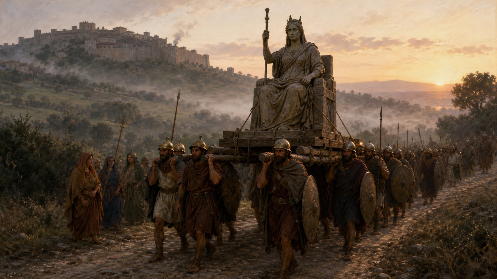 A wide historical scene of Roman youths moving Juno Regina from her temple with plain ropes, rollers and simple levers, no text or marks.