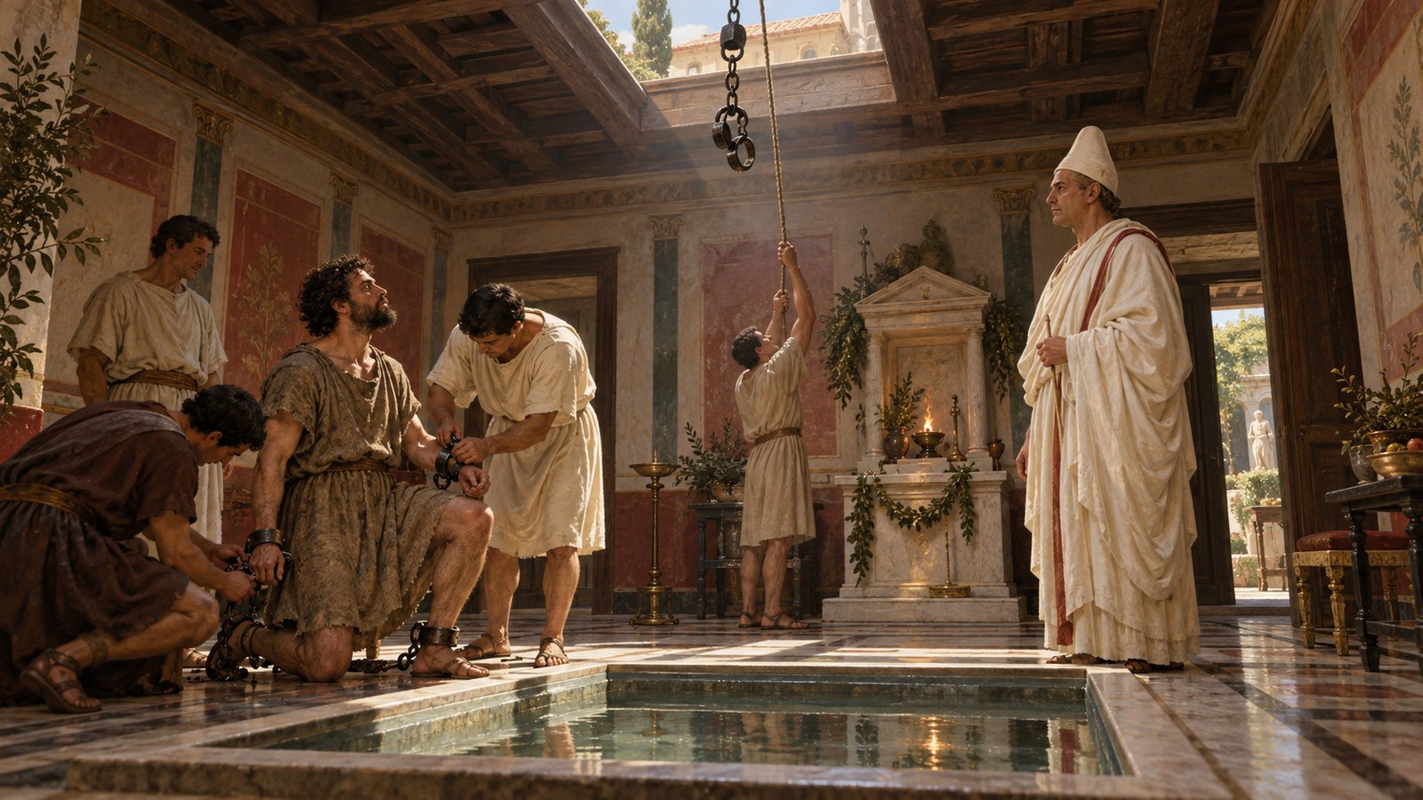 A person entering the priest’s house in fetters had to be released, and the empty bonds were carried out through the roof opening.