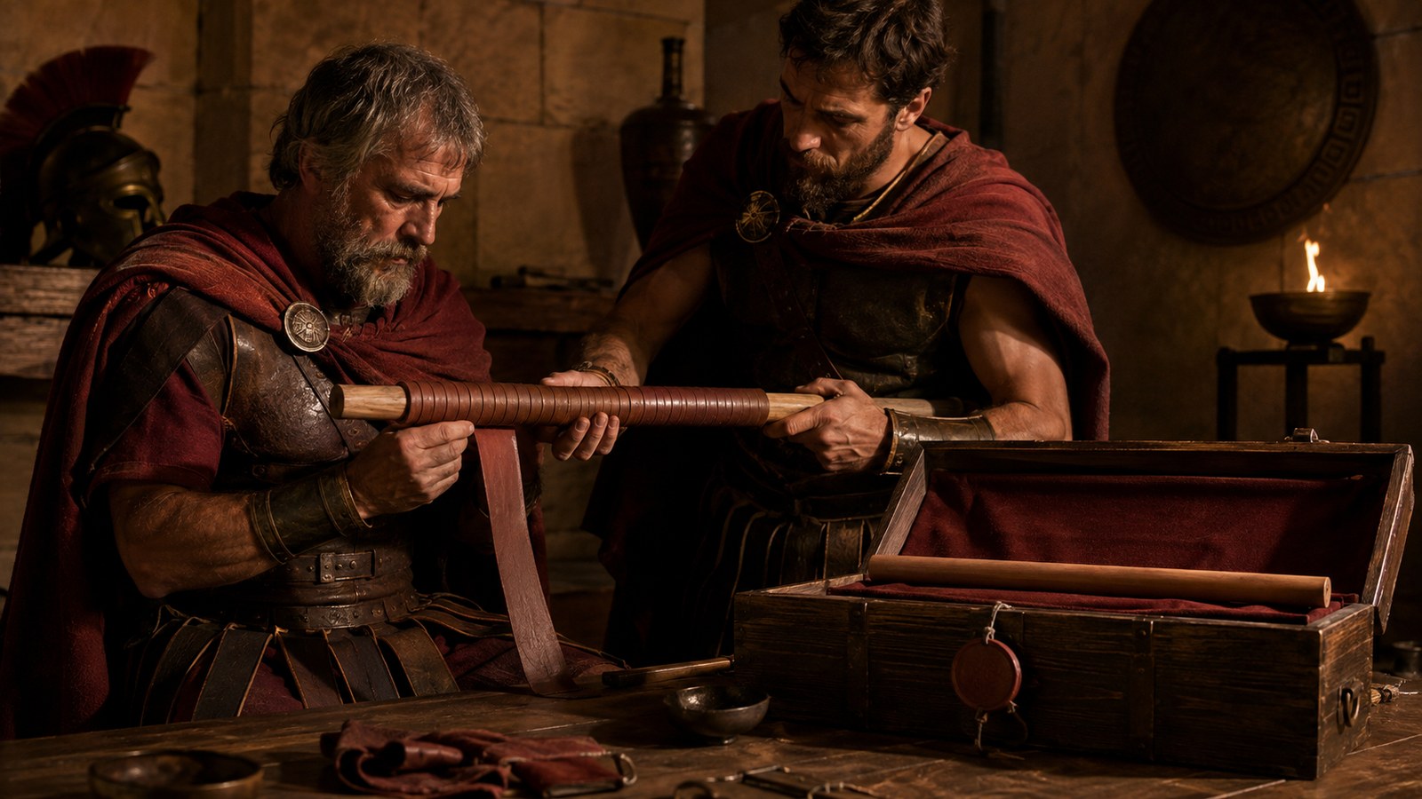 A vertical 4:5 cinematic realistic oil-painting still life in an ancient intelligence room: a leather strip winds around a plain wooden rod beside a wax tablet whose smooth surface hides the wood beneath, and the back of a messenger with newly regrown hair is seen in shadow, no visible writing, no letters, no symbols, no logos or watermark.