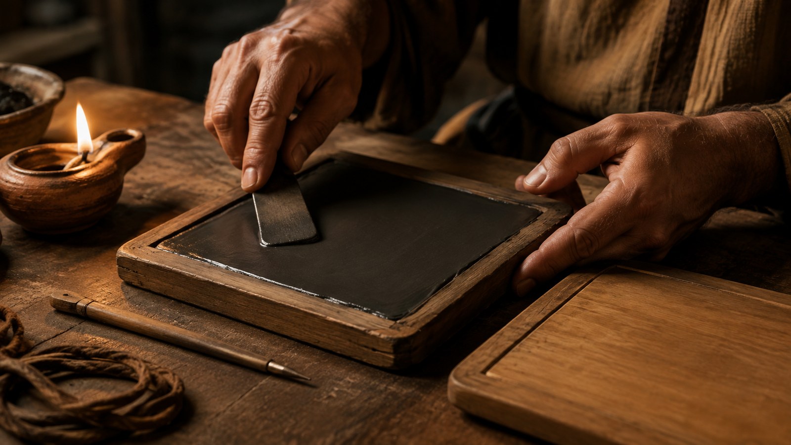 A wide 16:9 historically plausible Spartan command room: two officials carefully wrap a blank narrow leather strip in a spiral around a smooth cylindrical wooden staff while a sealed matching staff rests in a plain chest, no visible writing, letters, marks, insignia, logos or watermark.