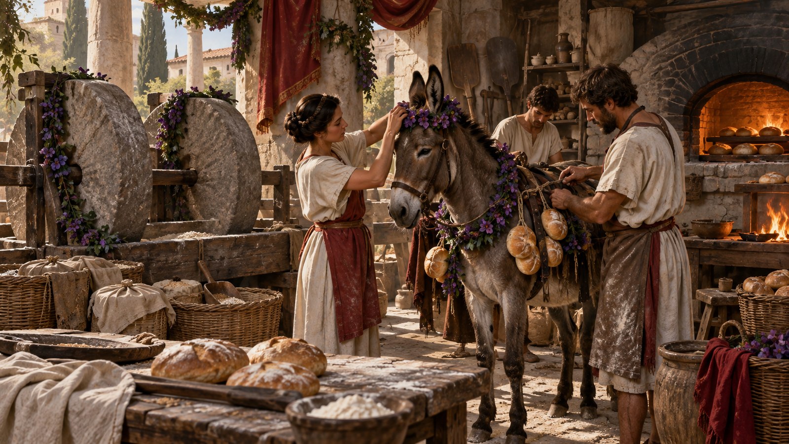 Ovid’s festival picture hangs loaves on wreath-decked asses while flower garlands cover the rough millstones.