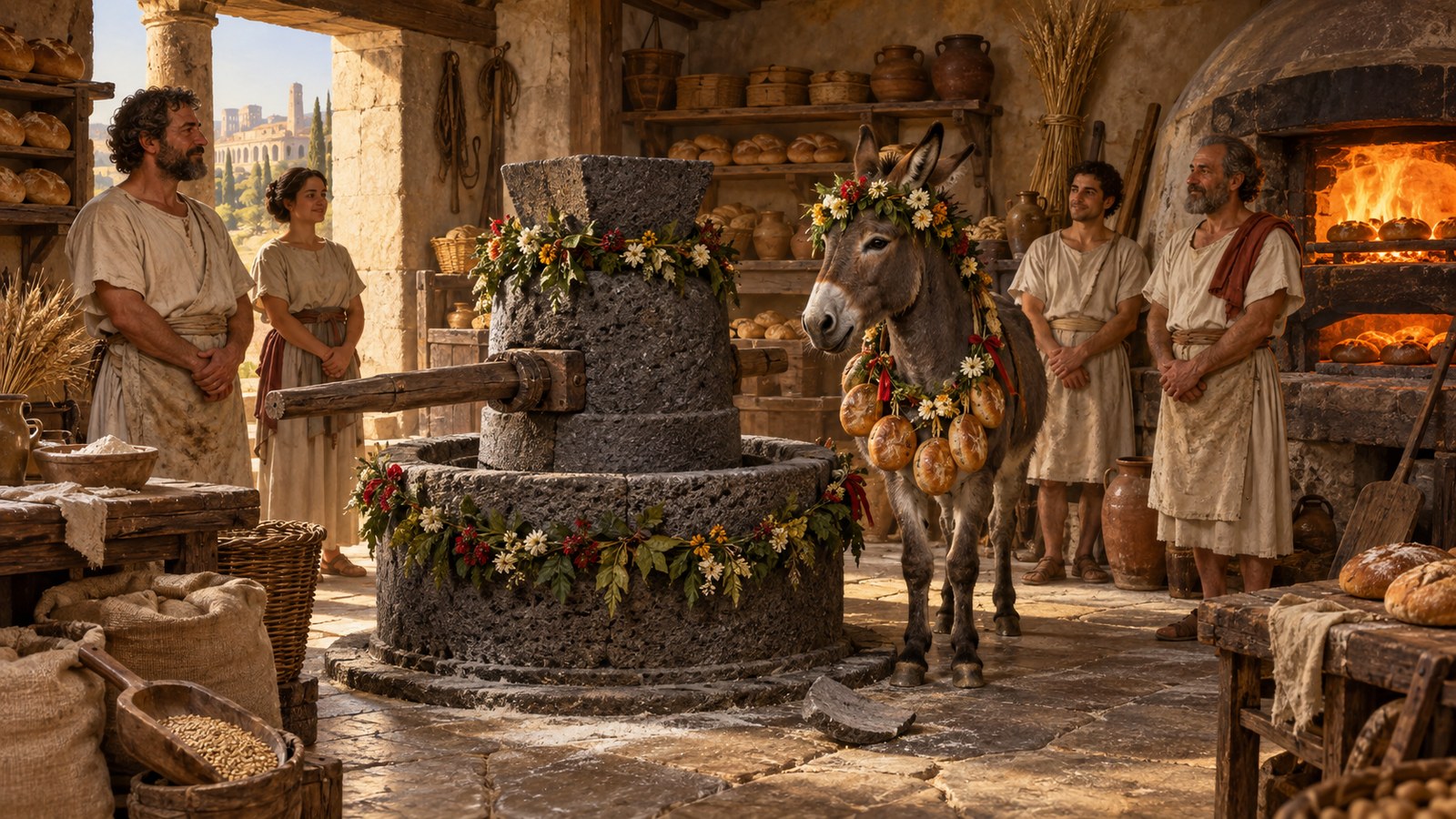 The decorated animal and idle stones reverse the bakery’s normal arrangement: bread is displayed while grinding stops.