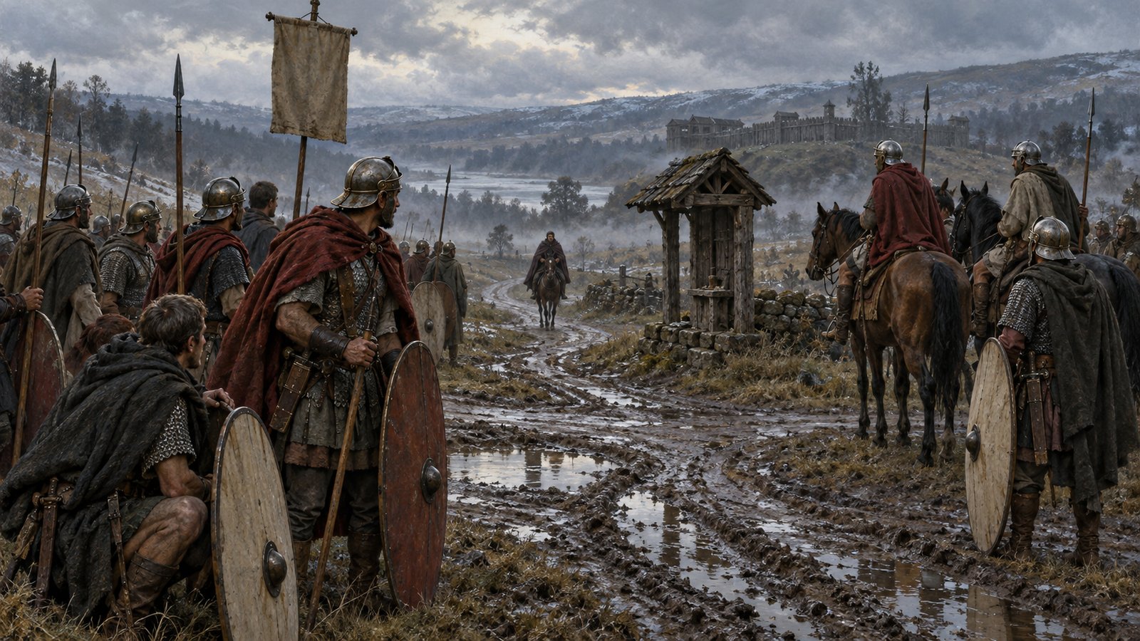 A vertical 4:5 cinematic realistic oil painting of Masclus, a Roman auxiliary cavalry decurion around AD 100, writing a small wooden diptych inside a windswept northern Britain outpost, a plain military standard resting nearby and fellow-soldiers waiting beside empty ceramic beer jars, practical urgency rather than celebration, generic Batavian equipment with no emblems, no text, lettering, numerals, symbols, signatures or watermark.