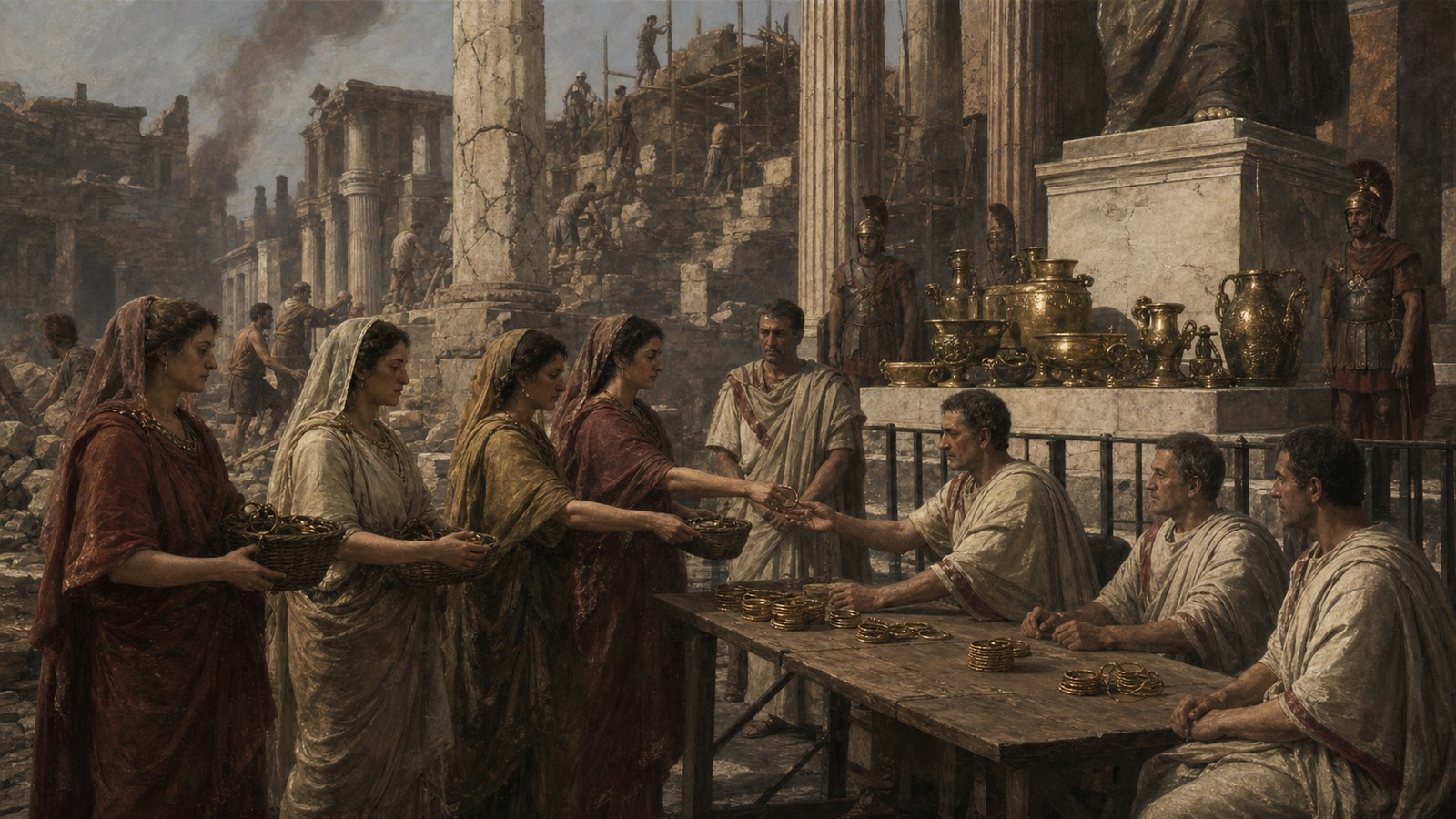 A vertical 4:5 historical scene of Roman matrons voluntarily bringing plain personal gold ornaments in small baskets to civic officials beside a damaged temple after the Gallic sack, no text or marks.