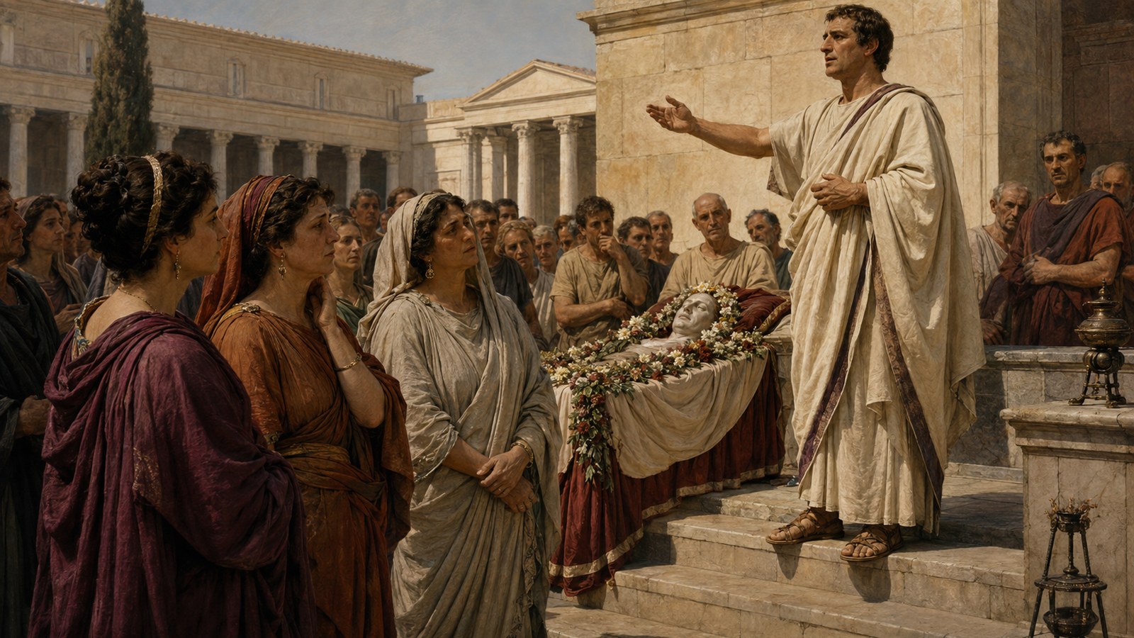 A wide post-sack Roman treasury scene where matrons hand plain gold ornaments to officials weighing contributions while sealed sacred vessels remain untouched near Jupiter’s temple, no text or marks.