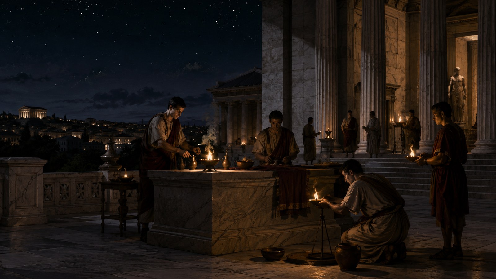 A vertical 4:5 cinematic realistic oil-painting of ancient Rome at the hinge of midnight: a generic magistrate studies a blank wax tablet beside a nearly spent oil lamp while a dark city, moonlit rooftops and the first suggestion of dawn divide the scene, historically plausible interior opening onto a street, no clocks, no text, letters, numerals, logos or watermark.