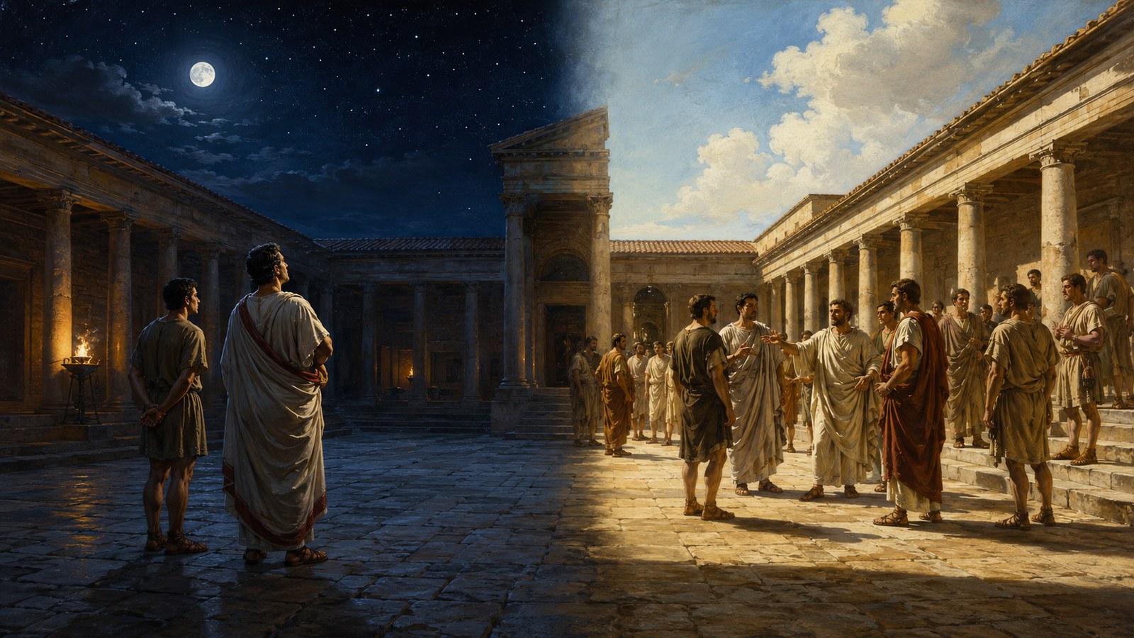 A wide 16:9 historically plausible Roman night ritual just after midnight: generic attendants with plain lamps prepare an altar in a quiet temple court while darkness still covers the city, emphasizing that the new civil day has begun before dawn, blank stone surfaces, no readable inscriptions, text, logos or watermark.