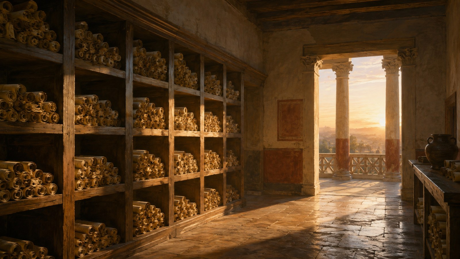 A vertical 4:5 cinematic realistic oil-painting of an east-facing Roman private library at sunrise, warm morning light crossing plain wooden scroll shelves, rolled papyri with blank tags, an architect checking the window orientation, historically plausible plaster and timber, no readable text, lettering, numerals, logos, signatures or watermark.