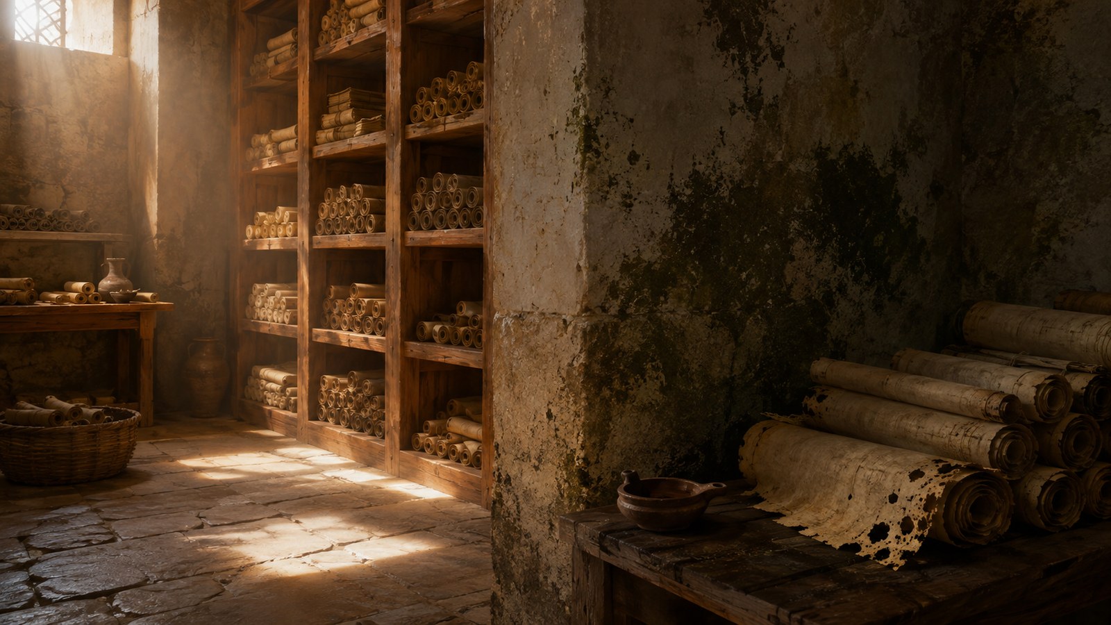 A wide 16:9 cinematic realistic oil-painting of early sun entering an east-facing Roman library, light falling across wooden shelves of papyrus rolls while the opposite corners remain cool and dry, an open colonnade and distant dawn sky showing orientation, no readable text, letters, numerals, logos, signatures or watermark.