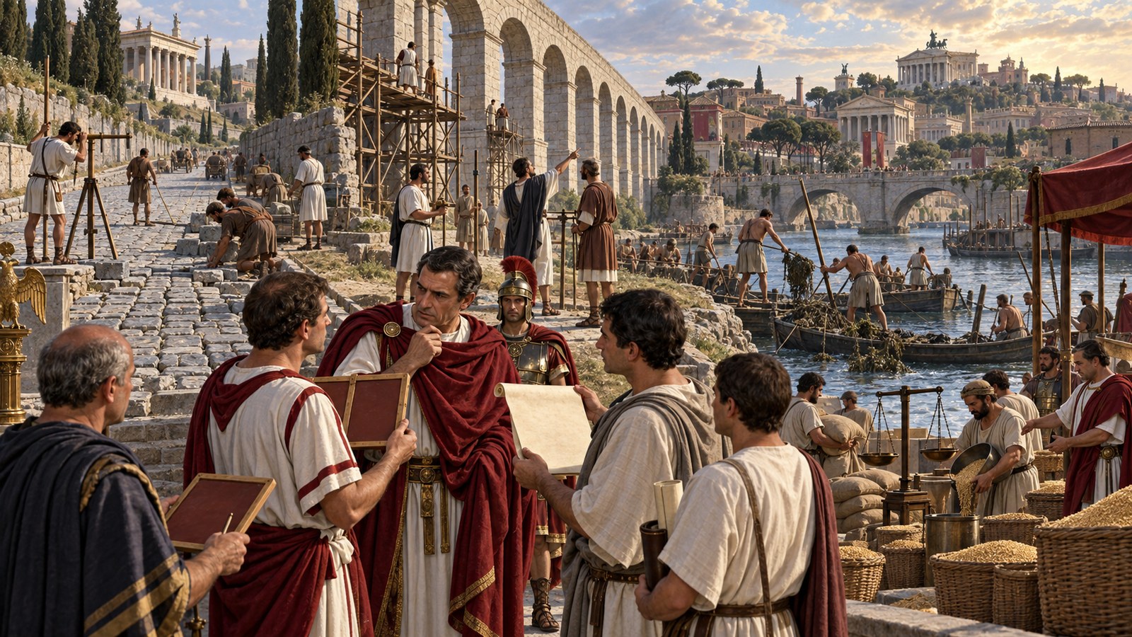 Buildings, roads, aqueducts, the Tiber channel, grain distribution, and the city itself became named portfolios rather than an undifferentiated burden.