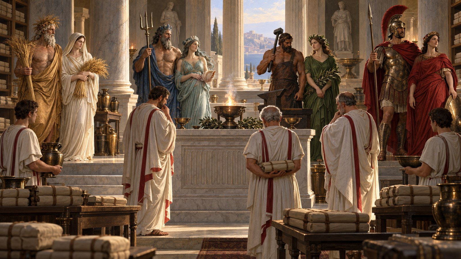 Gellius found paired divine names in priestly books and old prayer collections, where Nerio appeared beside Mars among several less familiar powers.