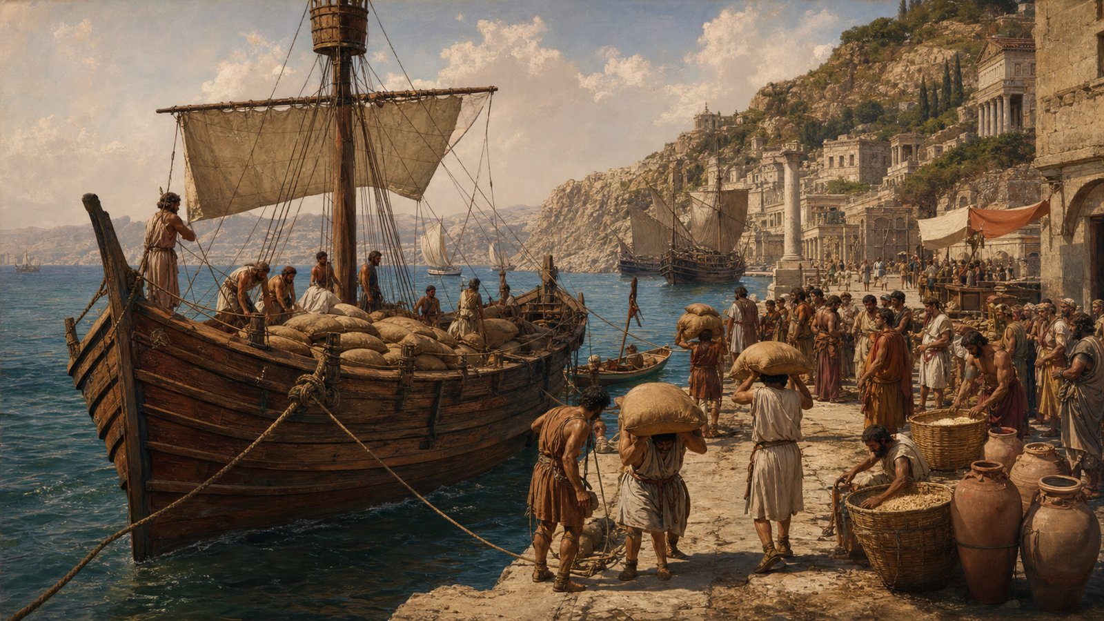 A vertical 4:5 cinematic realistic oil-painting of an ancient Mediterranean grain merchant standing beside open sacks on a crowded Rhodian quay during shortage, townspeople negotiating in the foreground while several grain ships appear far out at sea behind his shoulder, the merchant visibly weighing whether to reveal what he knows, historically plausible Hellenistic-Roman harbor, no text, letters, numerals, inscriptions, logos, watermark or signature.