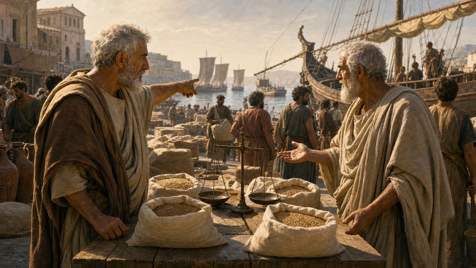 A wide 16:9 cinematic realistic oil-painting of a grain ship from Alexandria entering a sunlit Rhodian harbor first, laborers unloading amphorae and bulging sacks while distant merchant sails remain just visible beyond the headland, urgent food-market atmosphere, historically plausible ship and clothing, no text, letters, numerals, inscriptions, logos, watermark or signature.