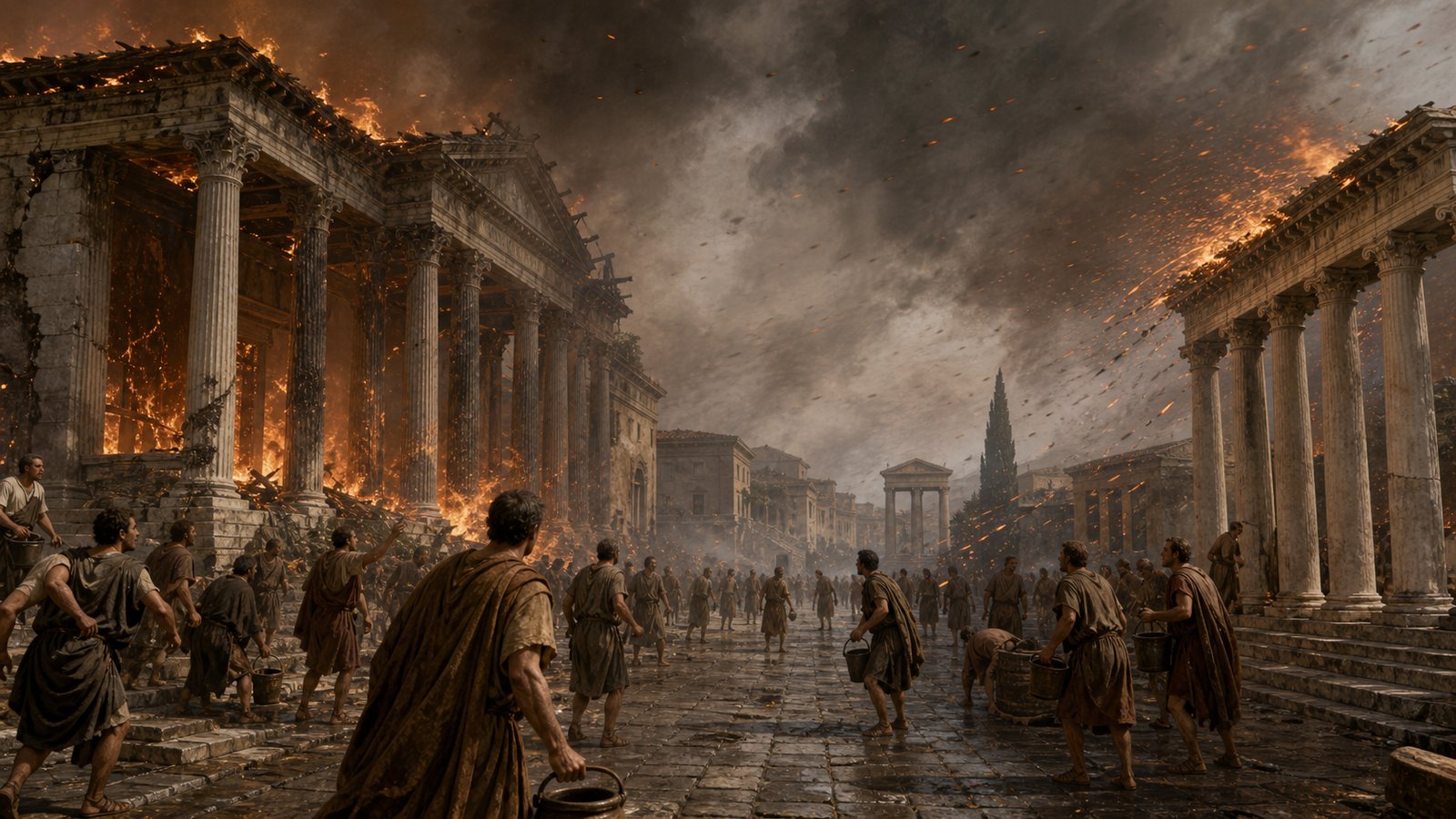 A vertical 4:5 cinematic realistic oil-painting of Roman-era Nicomedia during the aftermath of an urban fire: governor Pliny in plain senatorial dress studies a smoke-darkened civic quarter while townspeople carry empty ceramic buckets, damaged Gerusia and temple colonnade visible across a broad road, no flames on people, historically plausible, no text, letters, inscriptions, logos, watermark or signature.