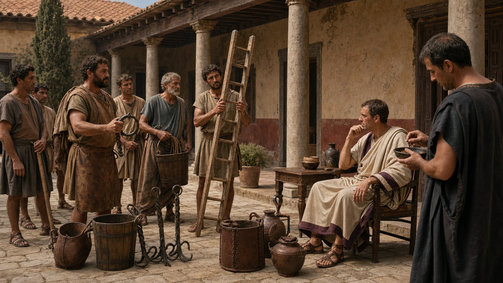 A wide 16:9 cinematic realistic oil-painting of a wind-driven fire crossing a broad Roman street in Nicomedia from a damaged civic hall toward a temple colonnade, townspeople standing uncertainly with too few ceramic buckets, dramatic smoke but no graphic injury, historically plausible architecture and clothes, no text, letters, inscriptions, logos, watermark or signature.