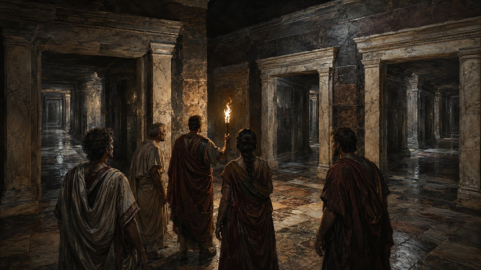 A vertical 4:5 cinematic realistic oil painting of an ancient visitor entering a vast Egyptian labyrinth as described by Pliny, repeating polished-stone doorways, massive stone columns and descending stairs disappearing into darkness, torchlight and deep shadow, physically plausible masonry, no readable text, hieroglyphs, symbols, letters, logos, signatures or watermark.