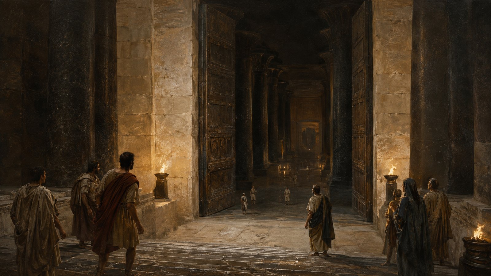 A wide 16:9 cinematic realistic oil painting inside Pliny’s Egyptian labyrinth, a small group of ancient visitors at a confusing crossing of polished-stone galleries where similar doorways lead in several directions, one warm torch against immense cool darkness, physically plausible architecture, no readable text, hieroglyphs, symbols, logos, signatures or watermark.