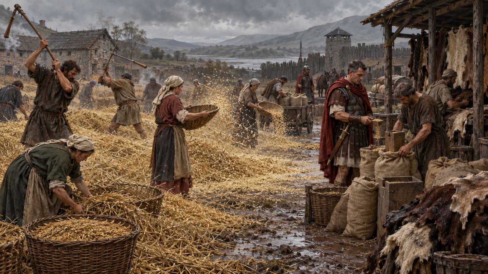 A vertical 4:5 cinematic realistic oil painting of Octavius at a Roman frontier farm office around AD 110, seated over a small ink-written wooden diptych while a measured heap of unthreshed grain and stacked hides fill the background, a coin pouch nearly empty beside tally counters, worried practical concentration, wet northern road visible through an open doorway with a covered wagon waiting, historically plausible Vindolanda region, no text, lettering, numerals, symbols, signatures or watermark.