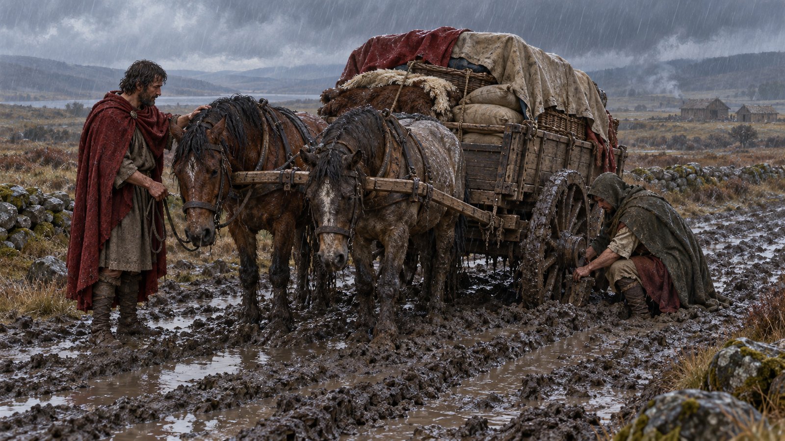 A wide 16:9 cinematic realistic oil painting of a Roman frontier threshing floor around AD 110, workers handling a large purchase of grain ears while Octavius checks sacks and wooden measures, wind moving chaff, stacked hides under cover, muted northern daylight, every object historically plausible and no monumental architecture, no text, lettering, numerals, symbols, signatures or watermark.