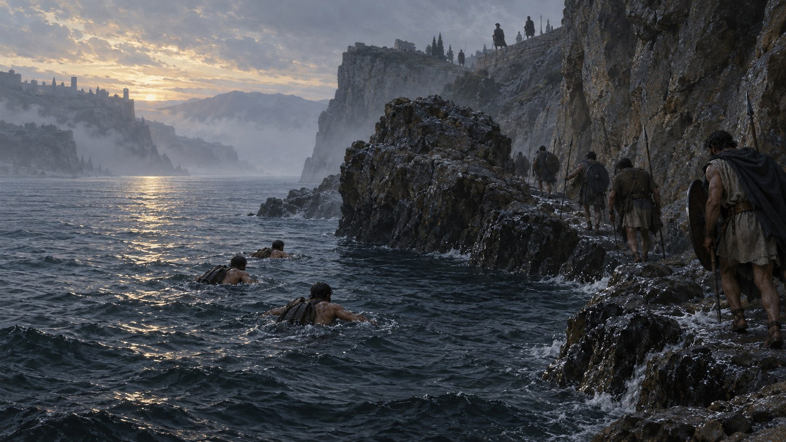 Frontinus makes the cold part of the deception: the weather that made the shoreline look safe from attack also made surprise possible.